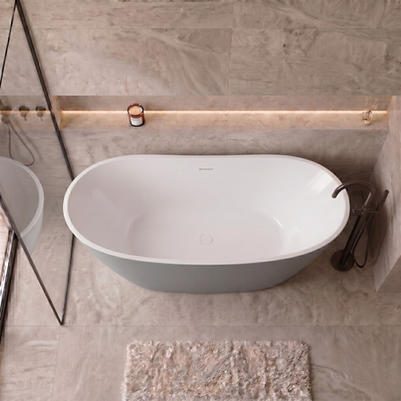 Wanna wolnostojąca Balneo PARMA NO RIM 170 x 72 cm biało szara akrylowa z ramą ze stali nierdzewnej i 6 nóżkami stabilizującymi z przelewem i białym korkiem