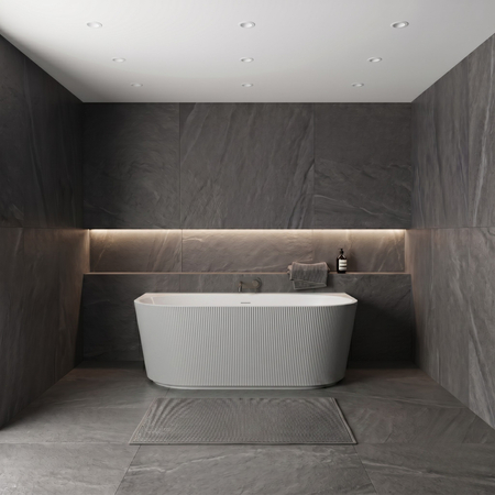 Freestanding bathtub wall-mounted Balneo VIVA fluted 170 x 80 cm white grey acrylic with frame made of stainless steel and 6 stabilizing legs with overflow and white plug