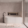 Freestanding bathtub corner right Balneo AVOLA fluted NO RIM 160 x 75 cm white acrylic with frame made of stainless steel and 6 stabilizing legs with overflow and white plug
