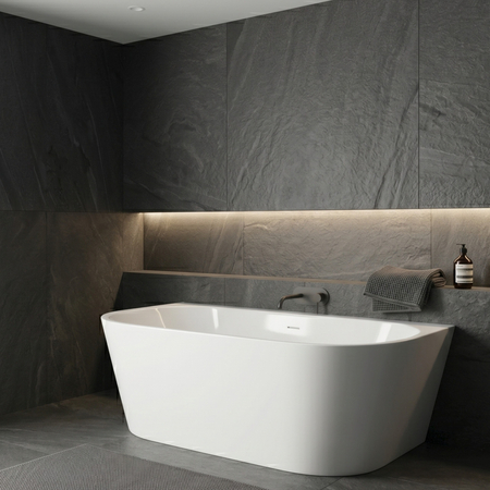 Freestanding bathtub wall-mounted Balneo VIVA NO RIM 160 x 75 cm white acrylic with frame made of stainless steel and 6 stabilizing legs with overflow and white plug