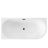 Left-corner freestanding bathtub Balneo AVOLA 150 × 75 cm, white acrylic with stainless steel frame and 6 stabilizing feet, black overflow and plug