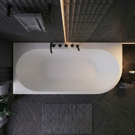 Freestanding bathtub corner left Balneo AVOLA PLUS NO RIM 170 x 80 cm white acrylic with frame made of stainless steel and 6 stabilizing legs with overflow and white plug