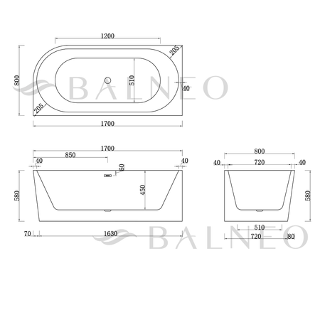Left corner freestanding bathtub Balneo AVOLA 170 x 80 cm white acrylic with a stainless steel frame and 6 stabilizing legs, featuring a copper overflow and drain