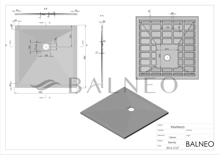 Brodzik z konglomeratu mineralnego Balneo Stone Tray 90 x 90 x 2,5 cm ciemnoszary niski kwadratowy