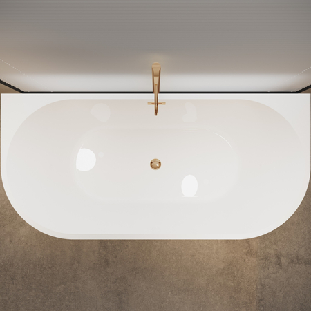 Balneo VIVA wall-mounted freestanding bathtub, white, 150 x 75 cm, acrylic, with stainless steel frame and 6 stabilizing legs, overflow, and copper click-clack drain