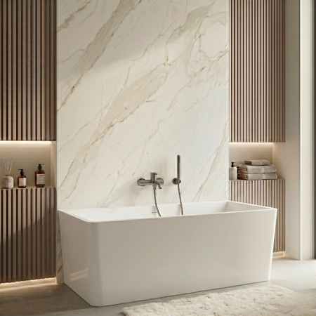 Freestanding bathtub Balneo ROMA NO RIM 170 x 80 cm white acrylic with frame made of stainless steel and 6 stabilizing legs with overflow and white plug