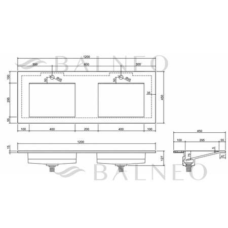 Alveria Solid Surface Washbasin, Coco White, with Double Linear Drain, 120 cm