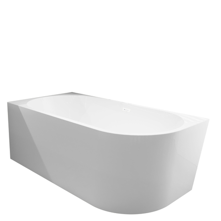 Wanna wolnostojąca narożna lewa Balneo AVOLA 150 x 75 cm biała akrylowa z ramą ze stali nierdzewnej i 6 nóżkami stabilizującymi z przelewem i korkiem białym