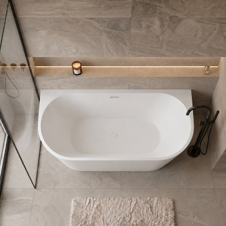 Freestanding bathtub wall-mounted Balneo VIVA NO RIM 160 x 75 cm white acrylic with frame made of stainless steel and 6 stabilizing legs with overflow and white plug
