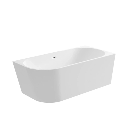 Right corner freestanding bathtub Balneo AVOLA 160 x 80 cm white acrylic with a stainless steel frame and 6 stabilizing legs, featuring a white overflow and drain