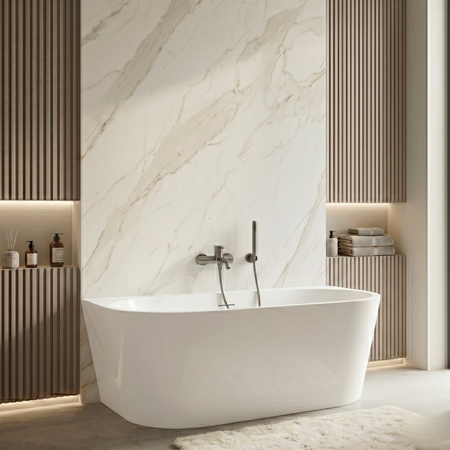 Freestanding bathtub wall-mounted Balneo VIVA NO RIM 150 x 75 cm white acrylic with frame made of stainless steel and 6 stabilizing legs with overflow and white plug