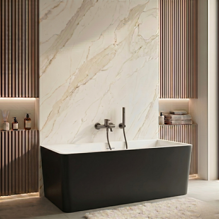 Freestanding bathtub Balneo ROMA NO RIM 170 x 80 cm white black acrylic with frame made of stainless steel and 6 stabilizing legs with overflow and white plug