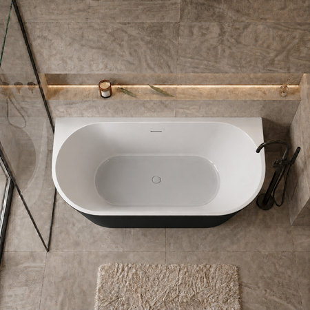 Wanna wolnostojąca przyścienna Balneo VIVA NO RIM 150 x 75 cm biało czarna akrylowa z ramą ze stali nierdzewnej i 6 nóżkami stabilizującymi z przelewem i białym korkiem
