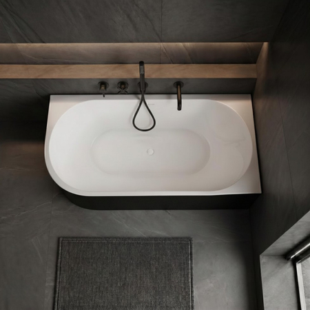 Freestanding bathtub corner right Balneo AVOLA NO RIM 150 x 75 cm white black acrylic with frame made of stainless steel and 6 stabilizing legs with overflow and white plug