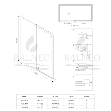 Drzwi prysznicowe rozsuwane Balneo Porta – Chrom 110 cm