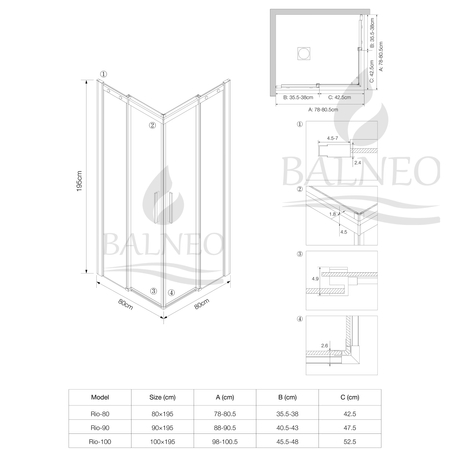 Shower enclosure sliding Balneo Rio 80 x 80 cm gold transparentna