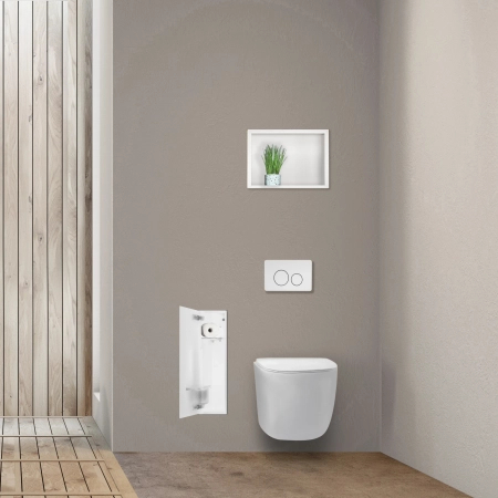 WC Brush Holder Balneo Wall Box L, White Glass, Left, Recessed Wall Installation, Stainless Steel