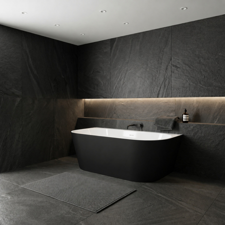 Freestanding bathtub wall-mounted Balneo VIVA NO RIM 160 x 75 cm white black acrylic with frame made of stainless steel and 6 stabilizing legs with overflow and white plug