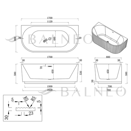 Freestanding bathtub wall-mounted Balneo VIVA fluted NO RIM 170 x 80 cm white acrylic with frame made of stainless steel and 6 stabilizing legs with overflow and white plug
