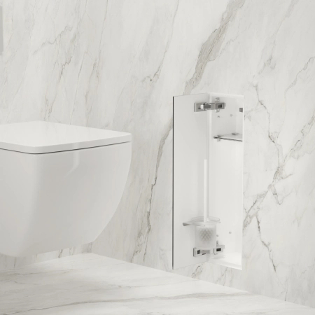 WC Brush Holder Balneo Wall Box L, White Glass, Left, Recessed Wall Installation, Stainless Steel