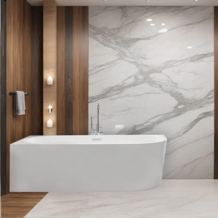 Left corner freestanding bathtub Balneo AVOLA 170 x 80 cm white acrylic with a stainless steel frame and 6 stabilizing legs with a chrome overflow and drain