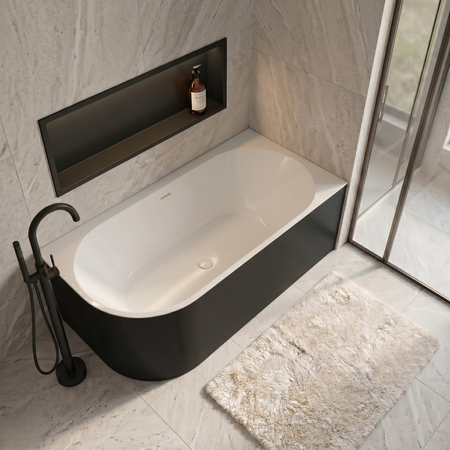 Freestanding bathtub corner right Balneo AVOLA NO RIM 150 x 75 cm white black acrylic with frame made of stainless steel and 6 stabilizing legs with overflow and white plug