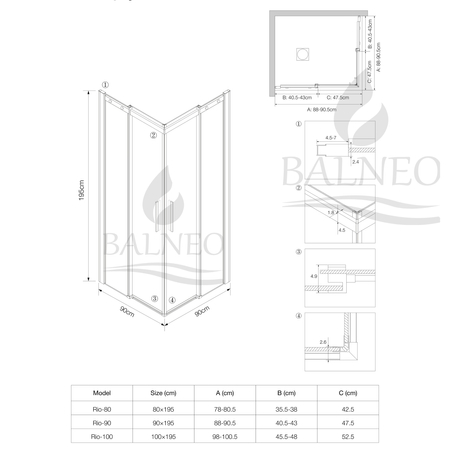 Shower enclosure sliding Balneo Rio 90 x 90 cm gold transparentna