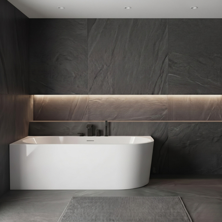 Freestanding bathtub corner left Balneo AVOLA PLUS NO RIM 170 x 80 cm white acrylic with frame made of stainless steel and 6 stabilizing legs with overflow and white plug