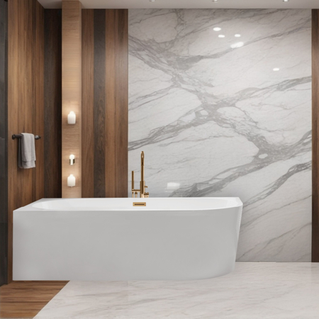 Left-Hand Freestanding Corner Bathtub Balneo AVOLA 150 × 75 cm, White Acrylic with Stainless Steel Frame, Six Stabilizing Feet, Overflow and Copper Drain Plug