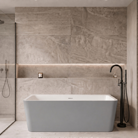 Freestanding bathtub Balneo ROMA NO RIM 170 x 80 cm white grey acrylic with frame made of stainless steel and 6 stabilizing legs with overflow and white plug