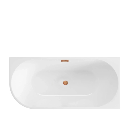 Right corner freestanding bathtub Balneo AVOLA 160 x 80 cm white acrylic with a stainless steel frame and 6 stabilizing legs, featuring a copper overflow and drain