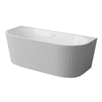 Wanna wolnostojąca przyścienna Balneo VIVA ryflowana 160 x 75 cm biało szara akrylowa z ramą ze stali nierdzewnej i 6 nóżkami stabilizującymi z przelewem i białym korkiem