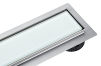 Odpływ liniowy podłogowy Balneo G-Drain Next Milky 60 cm z białym panelem ze szkła hartowanego z niskim syfonem i głębokim osadnikiem