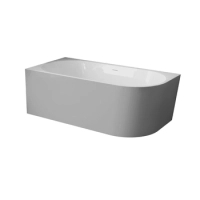 Wanna wolnostojąca narożna lewa Balneo AVOLA NO RIM 160 x 80 cm biało szara akrylowa z ramą ze stali nierdzewnej i 6 nóżkami stabilizującymi z przelewem i białym korkiem