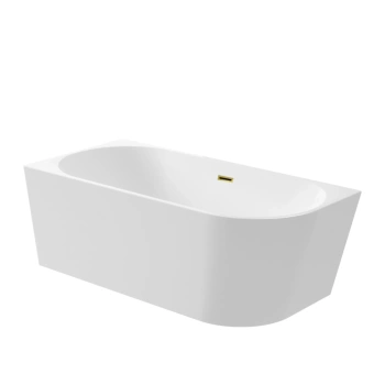 Wanna wolnostojąca narożna lewa Balneo AVOLA 150 x 75 cm biała akrylowa z ramą ze stali nierdzewnej i 6 nóżkami stabilizującymi z przelewem i korkiem złoto lustrzanym