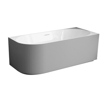 Wanna wolnostojąca narożna prawa Balneo AVOLA ryflowana NO RIM 170 x 80 cm biało szara akrylowa z ramą ze stali nierdzewnej i 6 nóżkami stabilizującymi z przelewem i białym korkiem