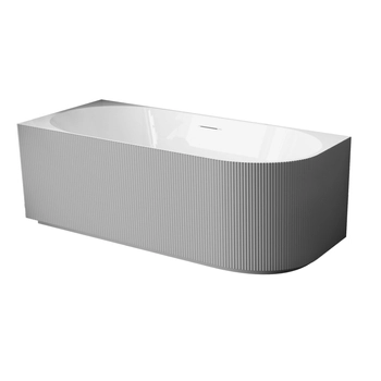 Wanna wolnostojąca narożna lewa Balneo AVOLA ryflowana NO RIM 160 x 75 cm biało szara akrylowa z ramą ze stali nierdzewnej i 6 nóżkami stabilizującymi z przelewem i białym korkiem