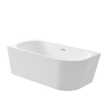 Wanna wolnostojąca narożna lewa Balneo AVOLA 150 x 75 cm biała akrylowa z ramą ze stali nierdzewnej i 6 nóżkami stabilizującymi z przelewem i korkiem chrom